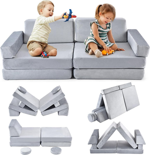 10 Piece Montessori Modular Soft Play Set | Foam Building Blocks | Sofa Couch | Light Grey | 12m+