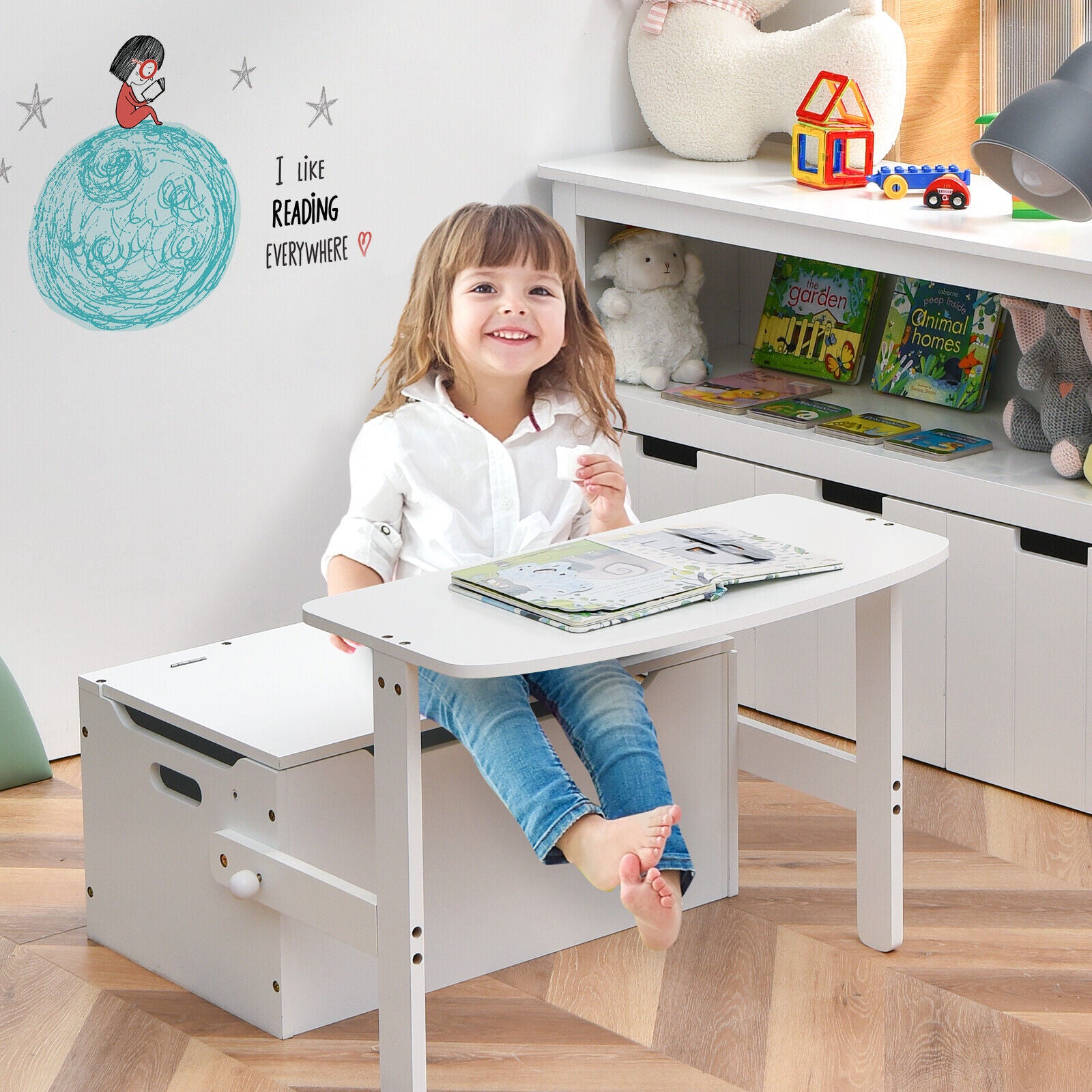 3 in 1 Kids Table Chair Set Bench Wood Toy Box White 3 7 Years www.littlehelper