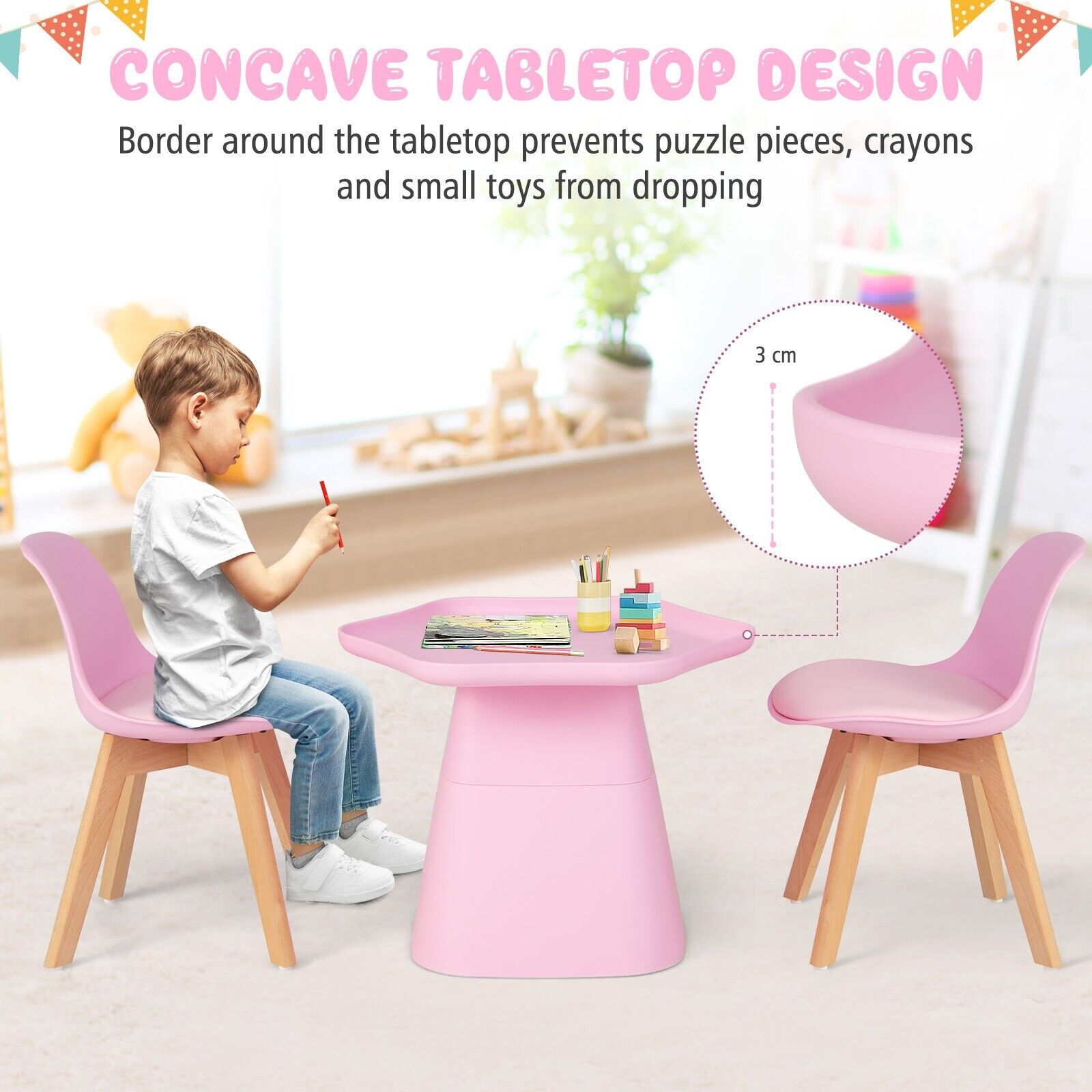 3 PC Kids Table 2 Chairs Set Soft Padded Ergonomic Seats Pink www.littlehelper