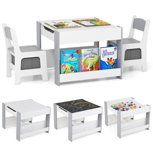 Spine-Supporting Montessori  Kids Table & Chairs Set | Reversible Tabletop | Bookshelves & Storage in White Grey