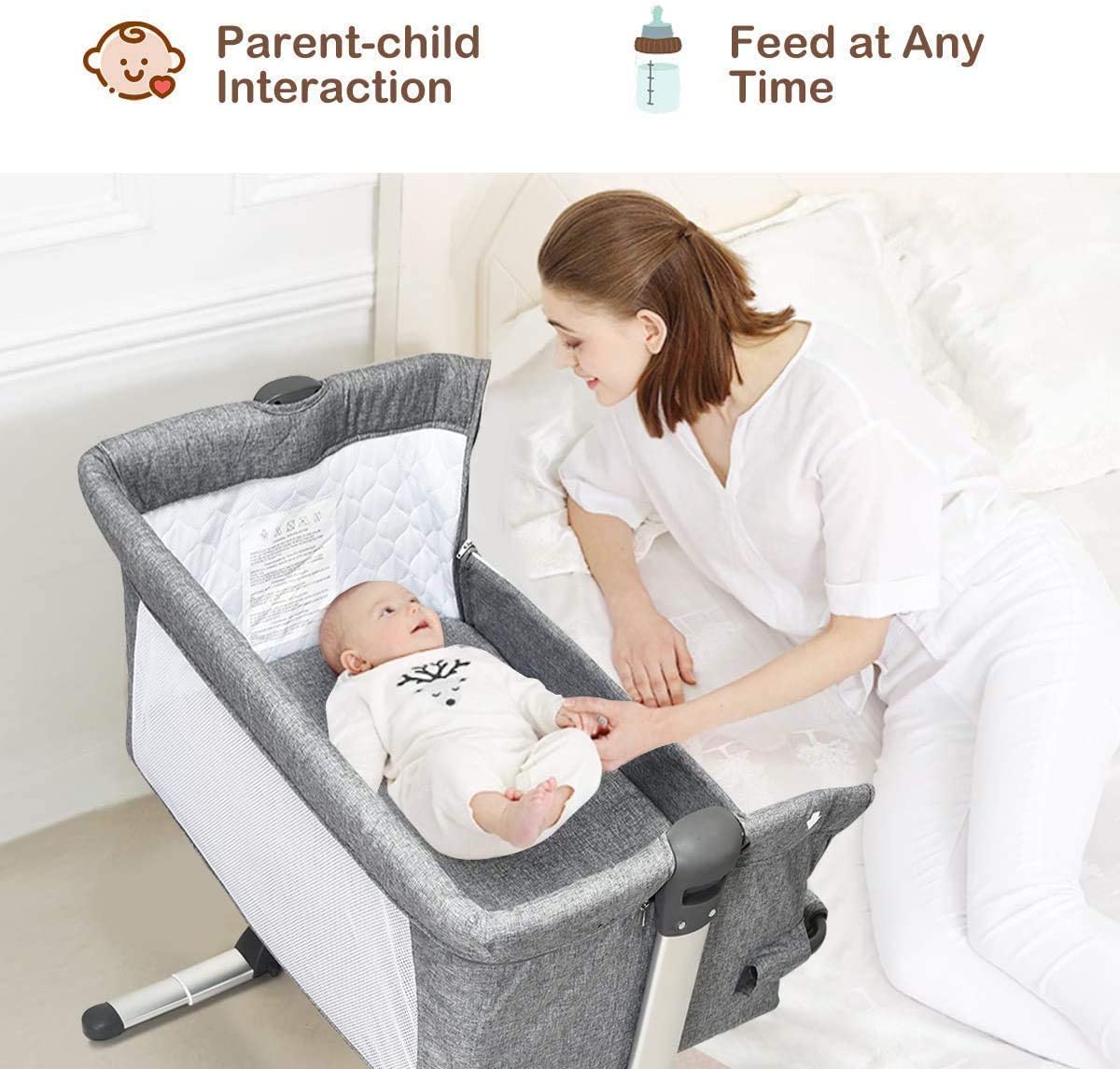 Adjustable Height Next to Me Baby Crib Travel Cot with Mattress Warm Grey