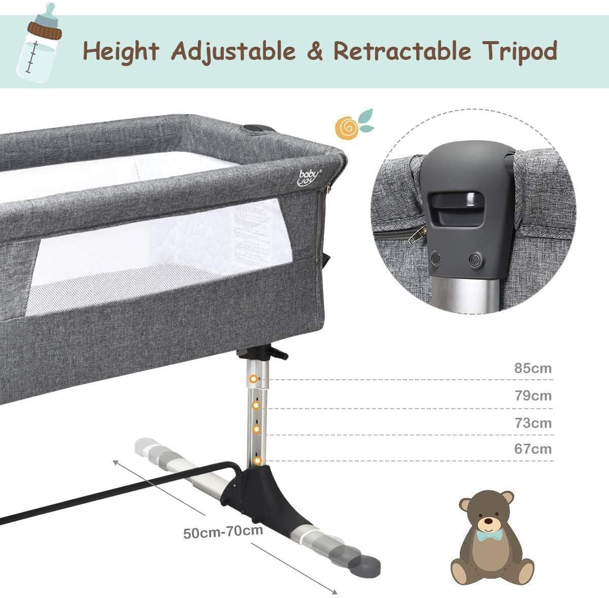 Adjustable Height Next to Me Baby Crib Travel Cot Warm Grey www.littlehelper