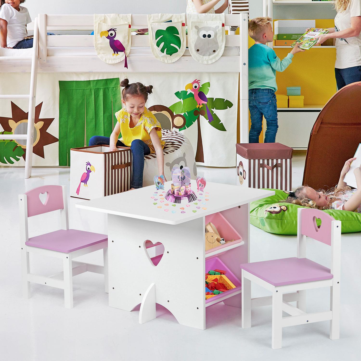 Kids White Pink Wooden Table 2 Chairs Set 4 Large Storage Boxes www.littlehelper