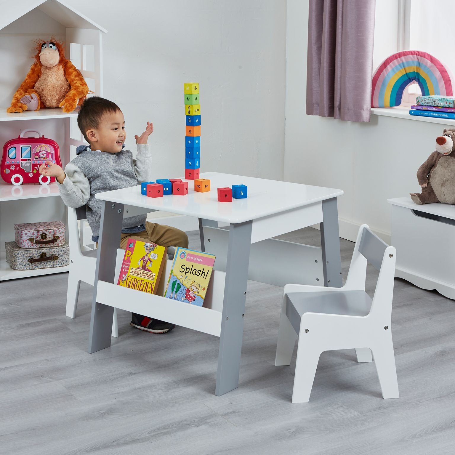 2 in 1 Childrens Table and 2 Chairs Set Bookshelf Storage White and Grey