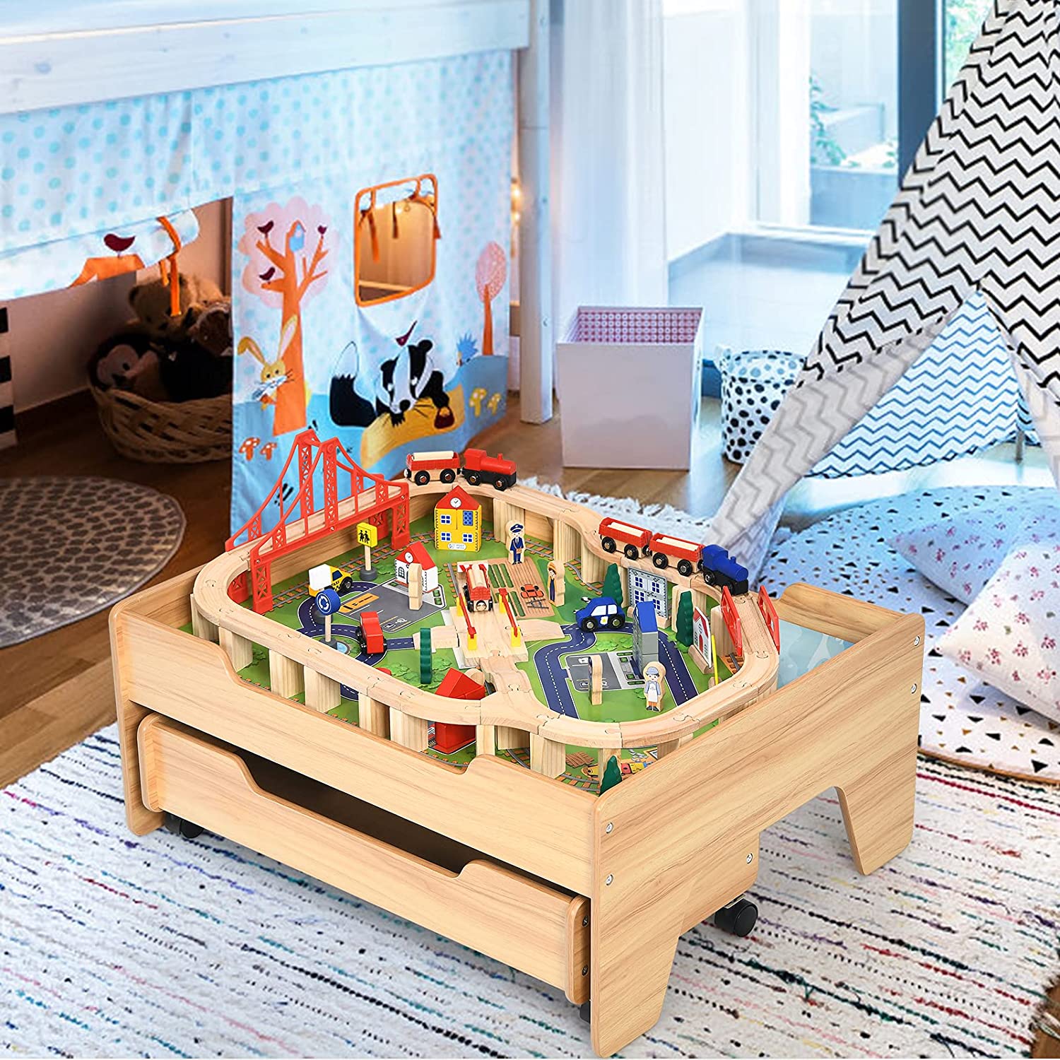 Deluxe Beech Wood Montessori Wooden Train Set with 100 Detailed Pieces www.littlehelper