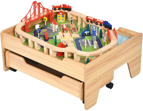 Deluxe Beech Wood Montessori Wooden Train Set with 100 Detailed Pieces www.littlehelper