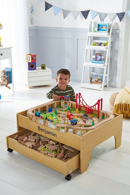 Wooden Train Set 2 in 1 Wooden Train Table 120pc Train Set www.littlehelper